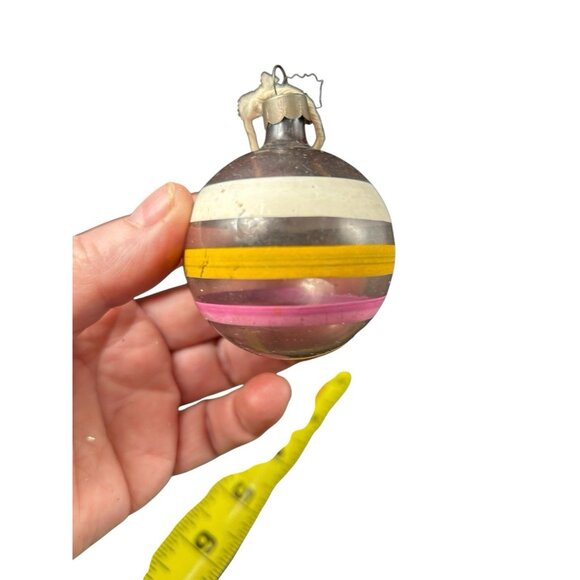 Vtg Corning Small Unsilvered Glass Ornament Stripe Pink White Yellow Corning - Picture 5 of 8
